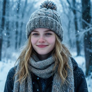 年輕女性在雪地森林中戴著針織帽和圍巾微笑