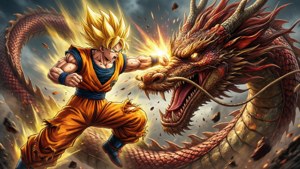 動漫戰士在爆炸戰鬥場景中拳擊火龍。