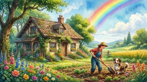 農夫和狗在小屋附近的花園，頭上有彩虹。