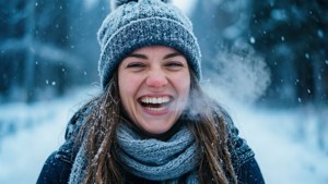 女人在雪地森林中大笑，口中冒出蒸汽
