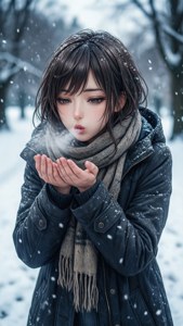 年輕女子穿著冬季外套在雪地森林中呼出溫暖氣息。