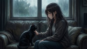 一個下雨天，女子在沙發上撫摸一隻黑貓。