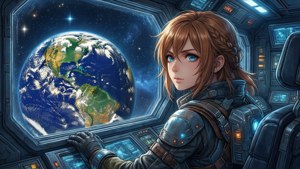 年輕太空人在太空艙內透過滿天星斗的窗戶看著地球。