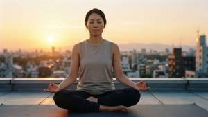 女性在屋頂上冥想，夕陽下的城市