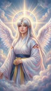 一位神聖的天使，擁有白色翅膀和光環，漂浮在雲朵之間。