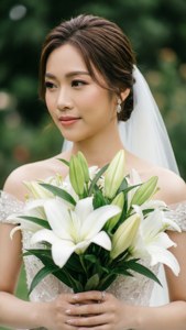一位微笑的新娘在花園中手持白色百合花。