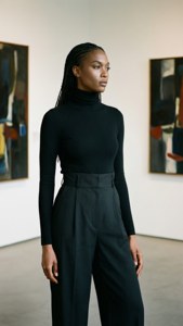 穿黑色衣服的女士站在藝術畫廊看畫作