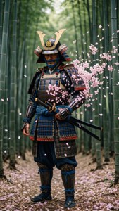 身穿精細鎧甲的武士，站在竹林中的落櫻之間。