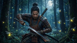 夜晚森林中的武士，伴隨著發光的螢火蟲和月光。