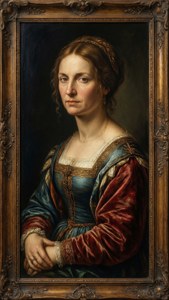 身穿藍紅長袍、頭戴金色頭帶的女性文藝復興肖像。