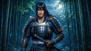 身穿藍色鎧甲的武士在夜晚的竹林中持刀。