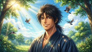 動漫男子在森林中微笑，鳥兒在陽光下飛翔。