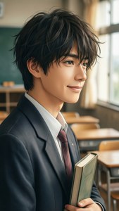 動漫男孩穿著校服在陽光下的教室裡拿著書。