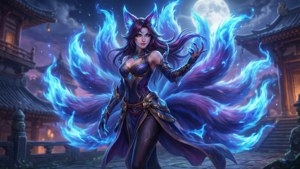 一位帶著藍色火焰和紫色頭髮的狐仙女神，站在月光下的寺廟前。