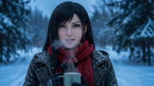 穿著冬季外套和紅色圍巾的女性，在雪地森林中手持冒著熱氣的杯子。