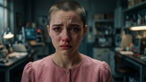 一位剃光頭、痛苦不堪的女性在科學實驗室裡哭泣。