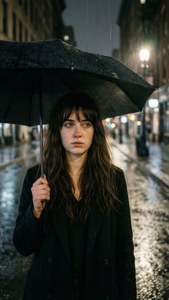 女人在雨夜的城市街道上撐著黑色雨傘