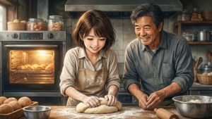 一位年輕女子和一位年長男子在廚房裡揉麵團，烤箱裡有麵包。