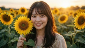 年輕女子在日落時分的田野中微笑著手持向日葵。