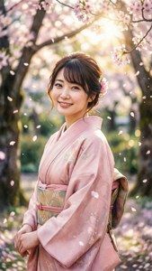 身穿粉紅和服的女子在櫻花下微笑，花瓣飄落。