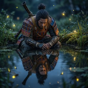 武士在池塘邊冥想，螢火蟲在夜晚環繞他閃爍。