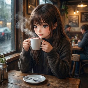 年輕女性在舒適咖啡館於雨天啜飲熱巧克力