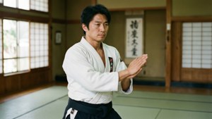 身穿白色道服和黑帶的武術家在木製道場的榻榻米上練習。