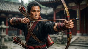 一位戰士在寺廟庭院中穿著傳統長袍拉弓。