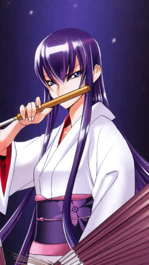 紫發動漫少女，白色和服，星空下拿著長笛。 — 混沌武士 壁紙