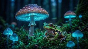 一隻青蛙在覆蓋苔蘚的黑暗森林地面上，在發光的蘑菇間休息。