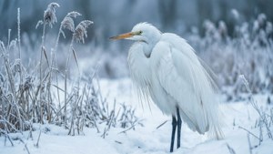 白鷺站在雪中，周圍有結霜的蘆葦