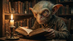 哥布林在燭光下閱讀一本舊書，身處一個放滿書的房間。