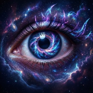 一隻人類的眼睛，虹膜中有星系漩渦，被宇宙星雲和星星包圍。