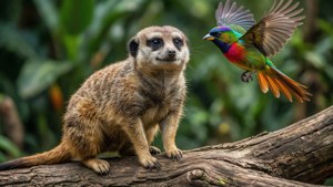 狐獴看著一隻色彩繽紛的鳥在樹枝附近飛翔。