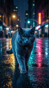灰色貓咪在夜晚的霓虹燈城市街道上雨中行走