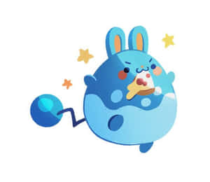 一隻藍色卡通兔子吃著披薩，周圍有星星。