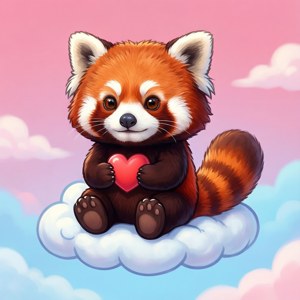 一隻小熊貓在粉彩天空的雲上坐著抱著一個心。 — Pixel Watch 壁紙