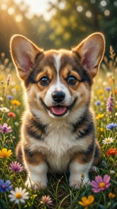 一隻快樂的柯基幼犬坐在金色陽光下色彩繽紛的野花田裡。
