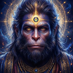 在宇宙環境中，帶有發光第三隻眼和金色光環的神聖猴子形象。