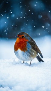一隻橙色胸部的知更鳥在冬日降雪時站在雪中。