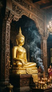 金色佛像在雕刻木造寺廟中，伴隨著香煙和燭光。