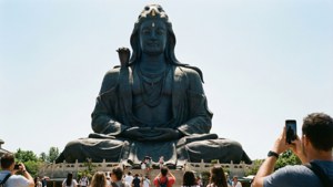 遊客在陽光明媚的日子拍攝巨大的坐佛像。