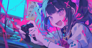 藍髮動漫女孩在霓虹房間裡玩電子遊戲，帶有油漆飛濺。 — 可愛動漫女孩 壁紙