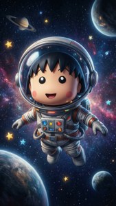 一個可愛的卡通太空人在星際間漂浮於星星和行星之中。