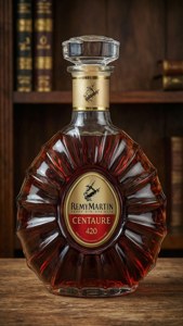 豪華 Remy Martin Centaure 420 干邑酒瓶在木桌上，背景為書架。