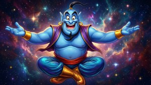 一個快樂的藍色精靈在色彩繽紛的星空背景中漂浮。