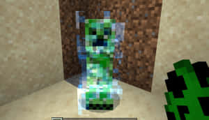 一個在Minecraft房間裡的綠色爬行者，有泥土牆壁和沙地地板。 — 我的世界苦力怕 壁紙