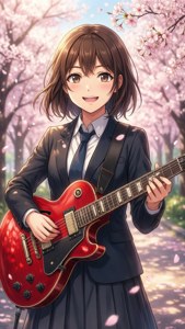 動漫女孩穿著校服在櫻花下彈奏紅色電吉他。