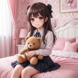 動漫女學生穿著校服在粉紅色床上抱著泰迪熊在臥室裡。