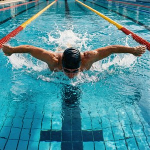 運動員在戶外泳池的泳道中游蝶式